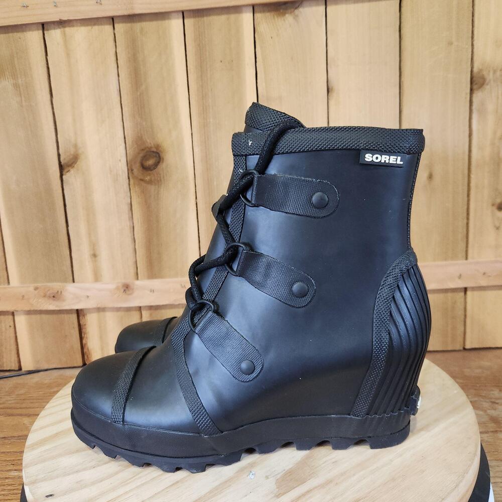 SOREL Joan Rain Wedge Boots Womens 10 Black Waterproof Ankle Lace Up